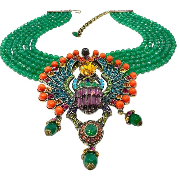 Heidi Daus Far Cry From Shy 6 Strand Green & Coral Bead Crystal Scarab Necklace - Picture 4 of 12